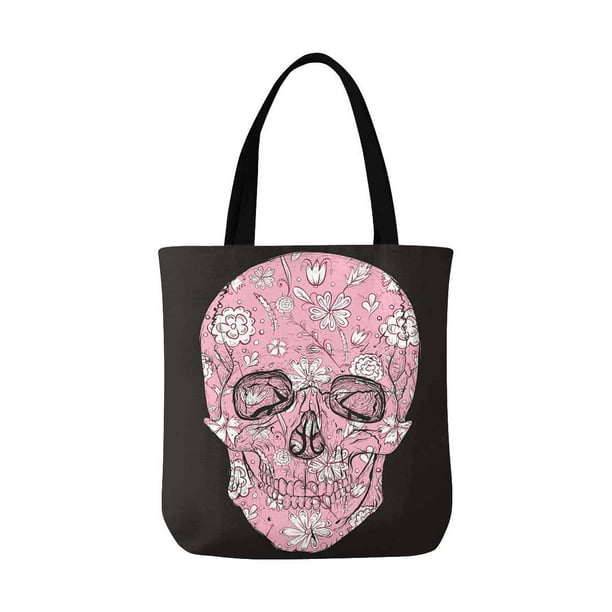 HATIART Pink Skull With Pink Flowers Reusable Grocery Bags