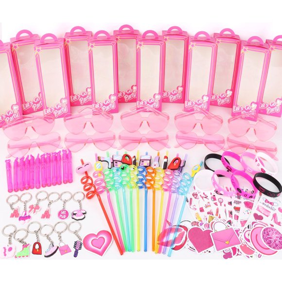132 Pcs Fournitures de Cadeaux de Fête d'Anniversaire Roses avec Boîtes de Bonbons Surprises Incluant Paille Verres Bâton à Bulles Bracelet Porte-Clés Bâton de Tatouage