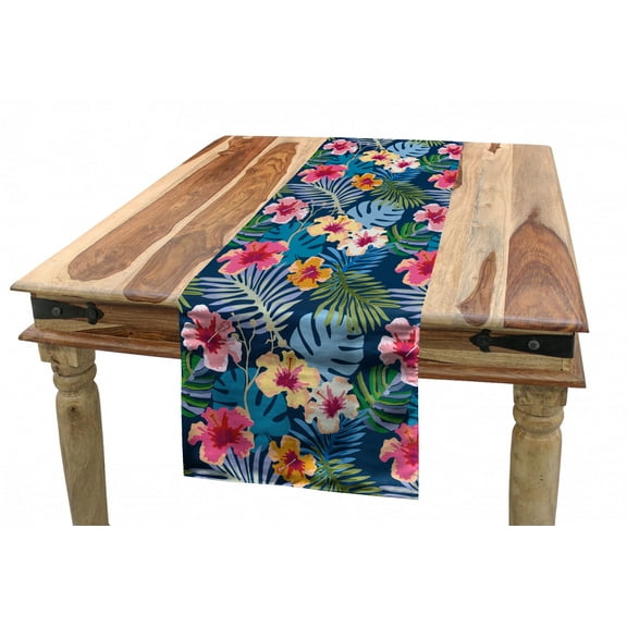 Tropical Table Runner, Continuous Pattern of Colorful Floral Petals and Leaves, Dining Room Kitchen Rectangular Runner, 3 Sizes, by Ambesonne