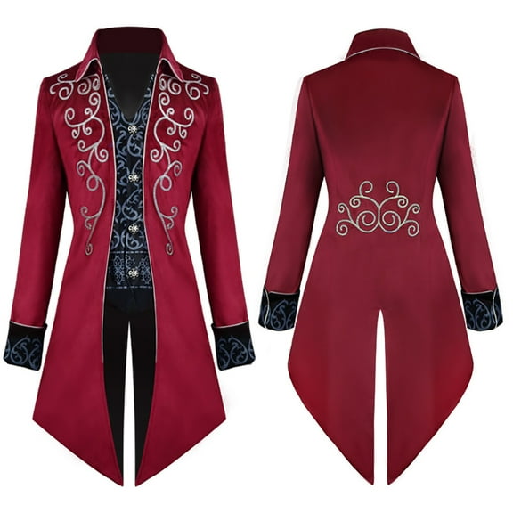IBTOM CASTLE Men's Steampunk Vintage Tailcoat Jacket Gothic Medieval Victorian Frock Button Down Swallow Coat Uniform L Red Floral