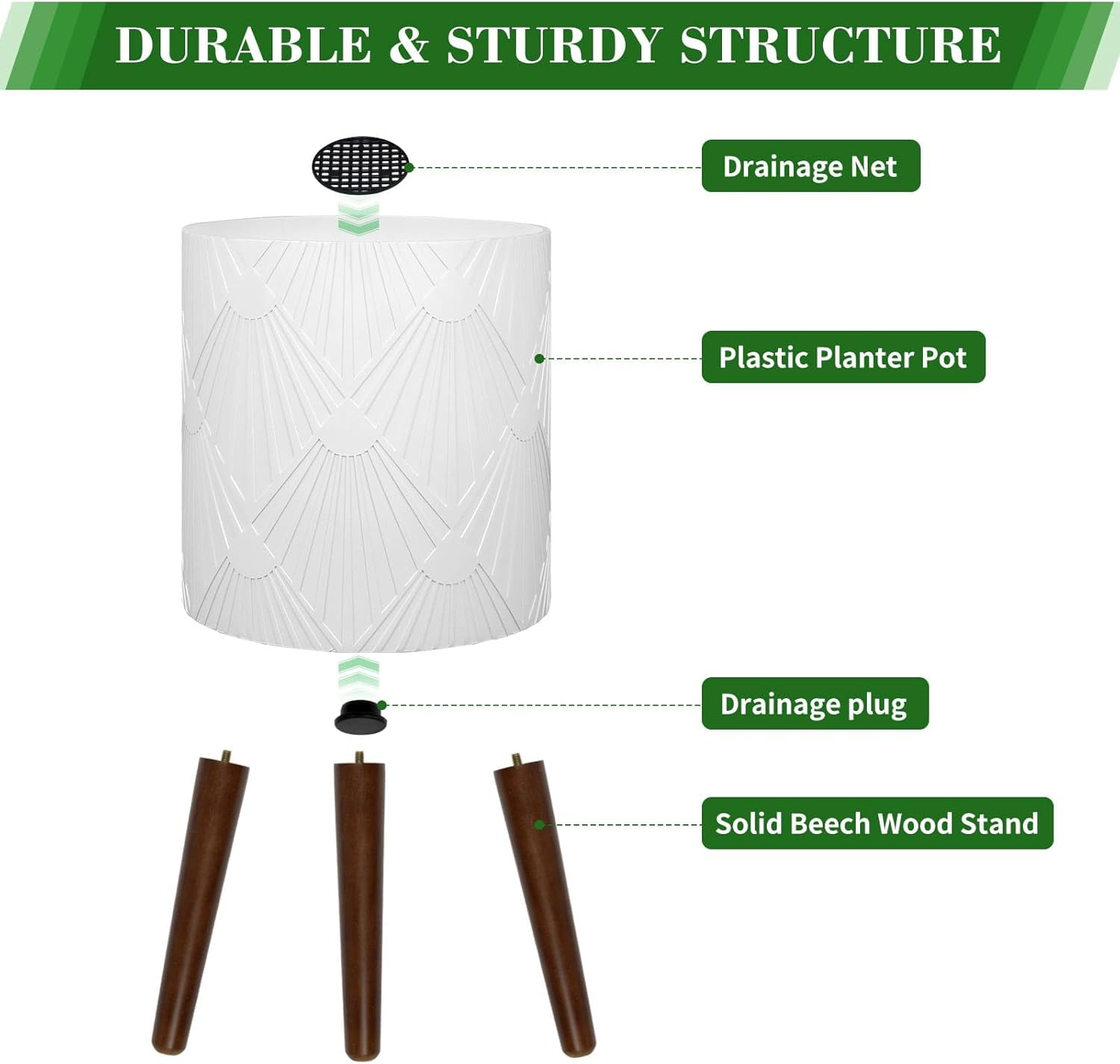 XYJBHB White Plant Pot with Stand, Large Modern Standing Planters Flower Pots for Indoor Outdoor with Drainage Holes and with Legs (Plant Not Included) 2 Pack, 10 & 12 Inches