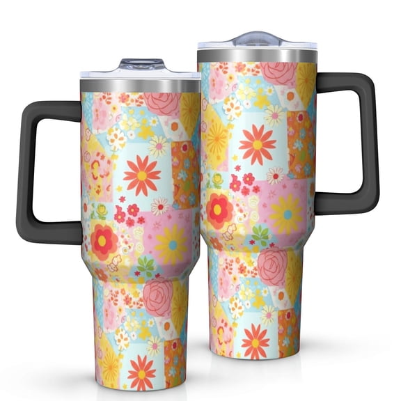 40oz Pioneer Flower Floral Print Pattern Insulated Tumbler with Handle, BPA-Free Leak Proof Lid and Straws, Double Wall Vacuum, Hot 12h/Cold 34h