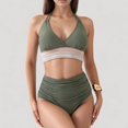 thumbnail image 2 of Women's High Waist Bikini Set with Crochet Waistband and Halter V Neck Top - Large, Green, 2 of 7