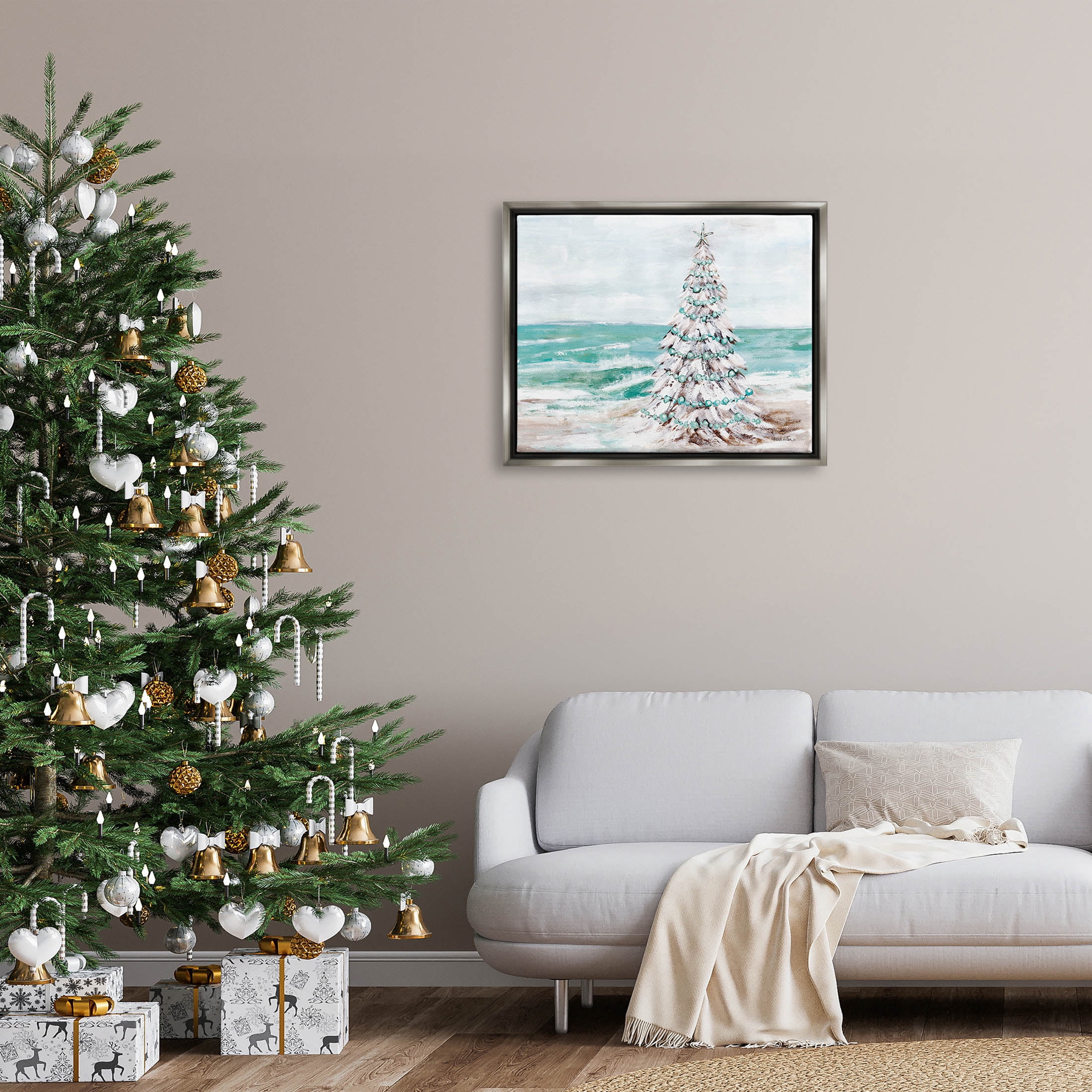 Snowy Christmas Tree Beach Shore Holiday Painting Luster Gray Framed Art Print Wall Art
