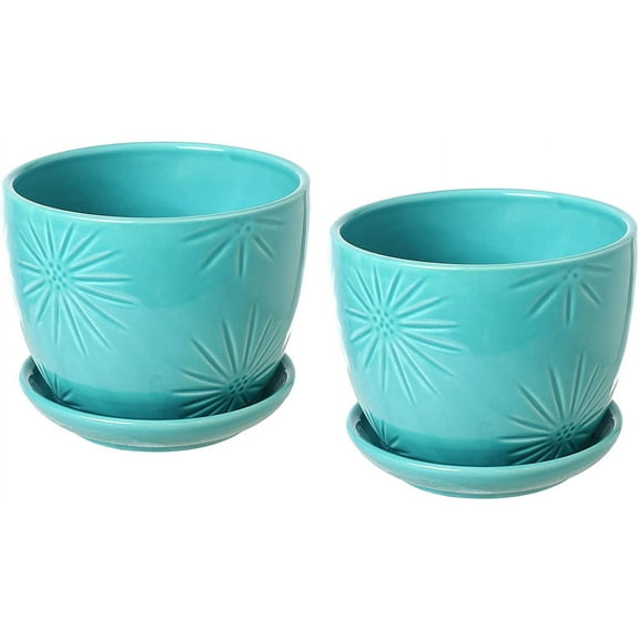 MyGift 5-inch Aqua Ceramic Flower Planter Pots, Sunburst Design with Saucers, Set of 2
