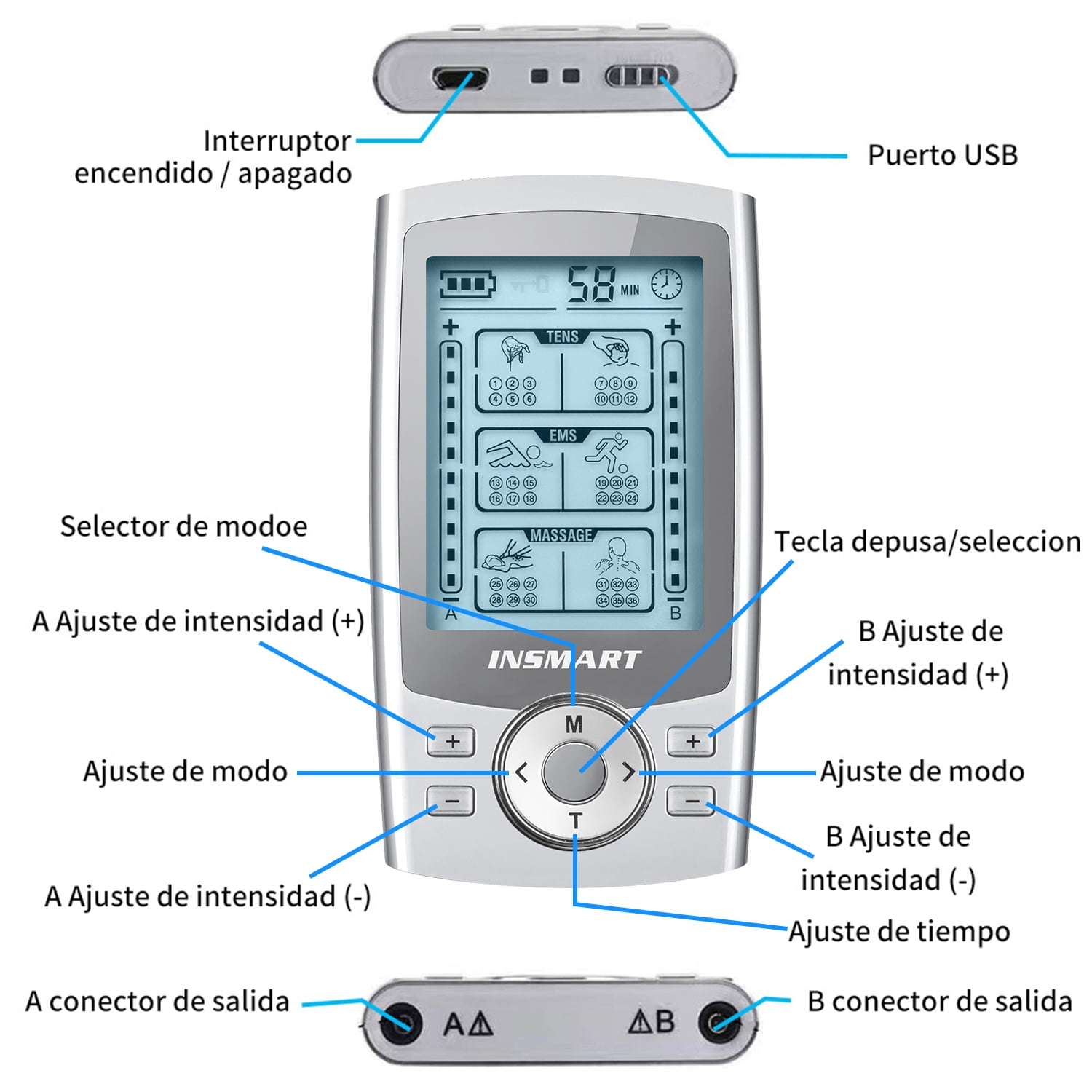 INSMART TENS Unit Rechargeable Muscle Stimulator EMS Dual Channel with 10 Reusable Electrode Pads 36 Modes for Back Neck Pain Muscle Therapy Pain Management Pulse Massager (Escalate)