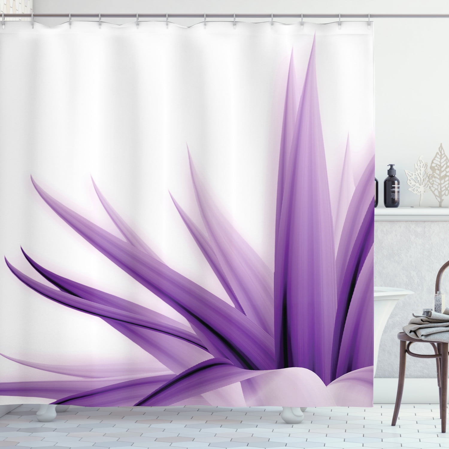 Flowering Vines in Pastel Cloud Fabric Shower Curtain with Purple Background Purple Bathroom Decoration Art Painting Shower Curtains Sunlit Design Dreamy Shower Curtain