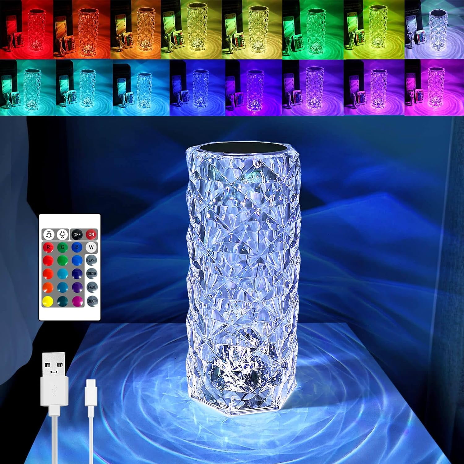 EvoFine Crystal Table Lamp RGB 16 Color Changing Night Light, Romantic USB Rechargeable Rose Table Lamps for Living Room Housewarming Gift (Remote & Touch)