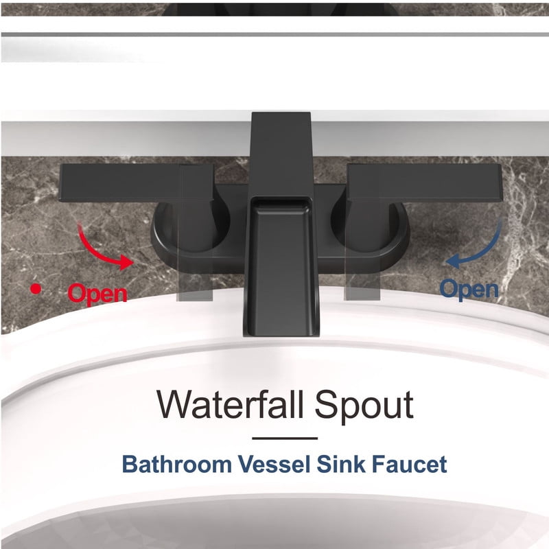 AUKTOPT Bathroom Faucet with Waterfall Spout, Dual Handle Solid Brass 3 Hole Deck Mount Sink Faucet, Easy Installation, Water-Saving, Matte Black