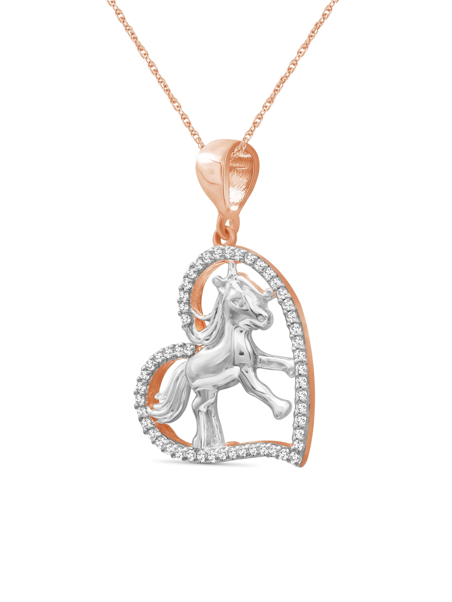 Diamond Horse Necklace Halloween Jewelry – 0.15 CTW White Diamond Halloween Necklace – Two Tone Sterling Silver Rope Chain with Horse Pendant – Witchy Jewelry for Women by JewelersClub