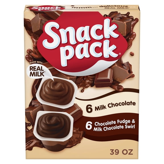 Snack Pack Milk Chocolate and Chocolate Fudge & Milk Chocolate Pudding, 3.25 oz Pudding Cups, 12 Count Family Pack