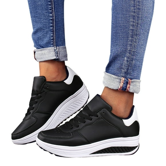 Dakaela Platform Sneakers for Women Air Cushion Walking Running Shoes Orthopedic Slip on Wedges Black 9