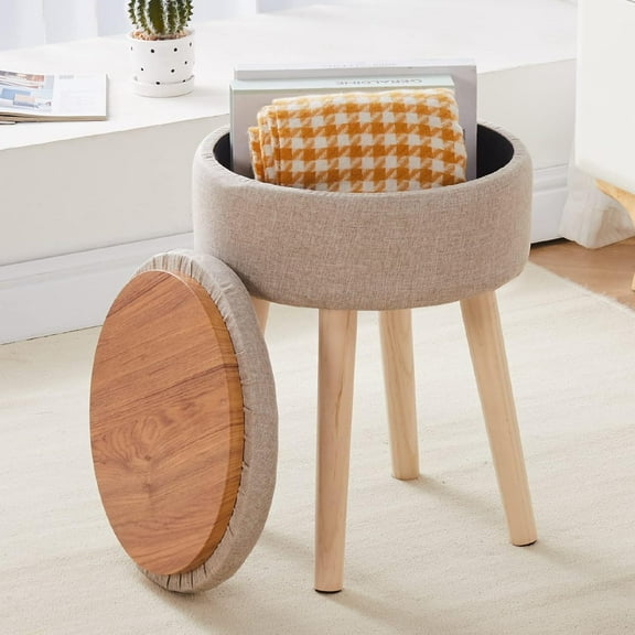 Storage Ottoman Linen Round Vanity Stool Tray Top Modern Foot Stool with Wood Legs Multifunctional Upholstered Foot Ottoman Rest for Living Room, Bathroom, Makeup (Khaki)