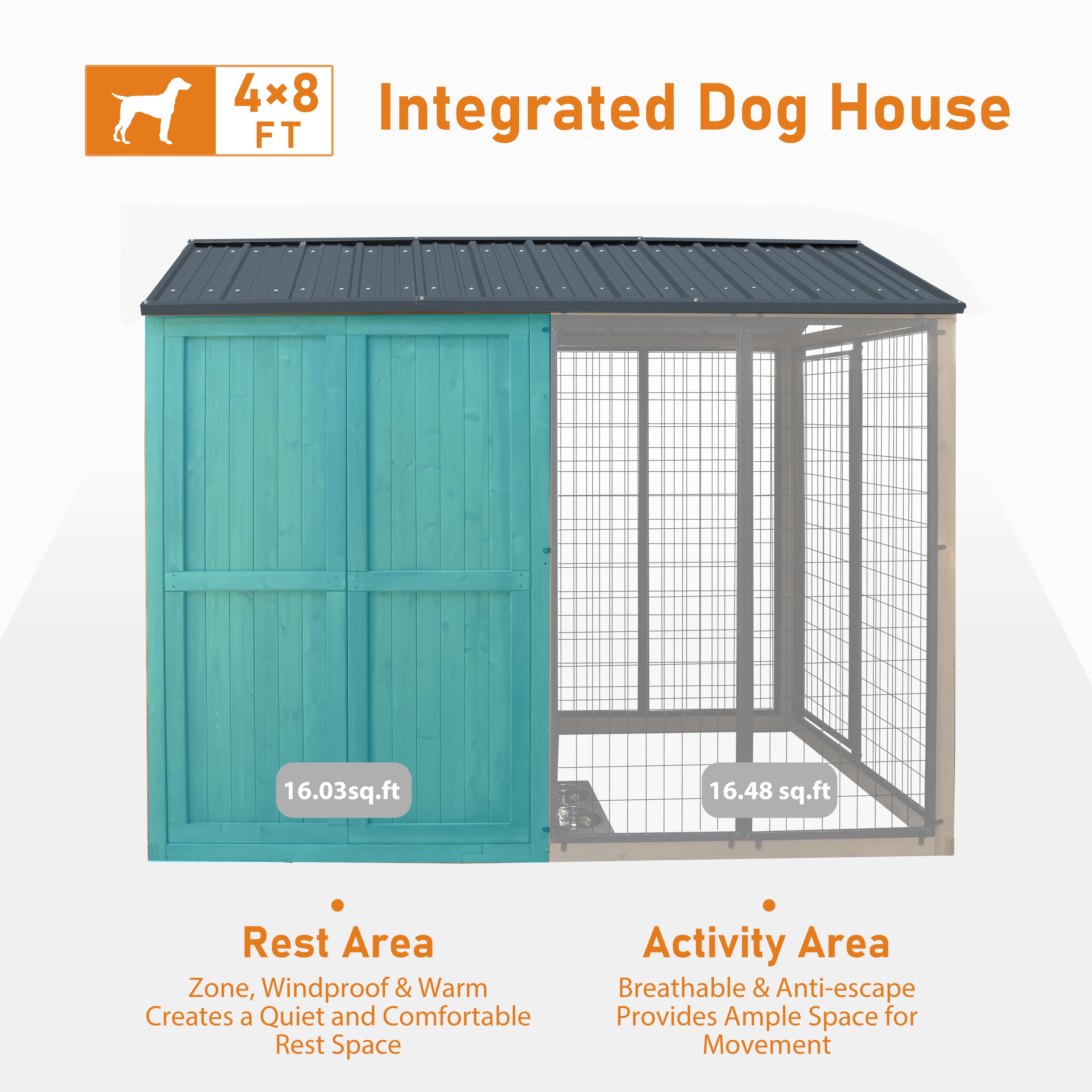 VEIKOUS 8' x 4' Large Outdoor Dog Kennel, Walk-in Partition Design Dog House with Double Doors & Observation Window, Pet Shelter with Waterproof Roof, Stainless Steel Bowls for Large Breeds