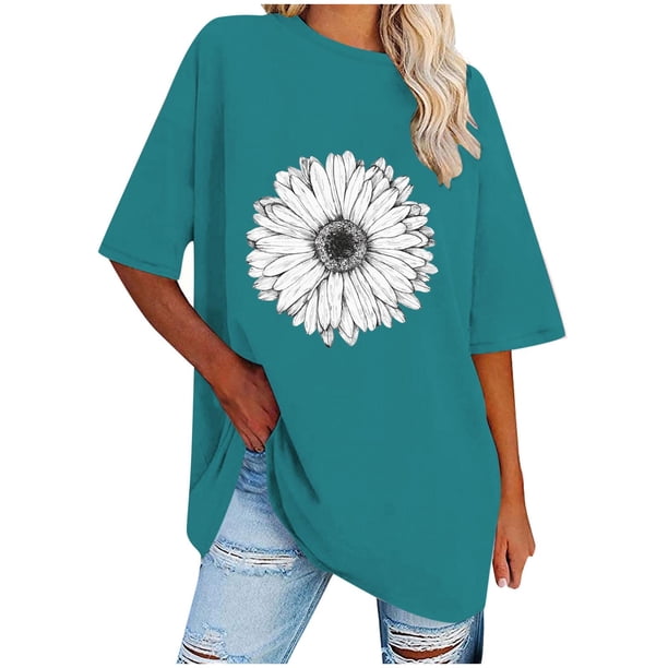 Fiudx Camisas de Mujer Blusa Informal de Manga Corta con Estampado de Cuello Redondo para Mujer