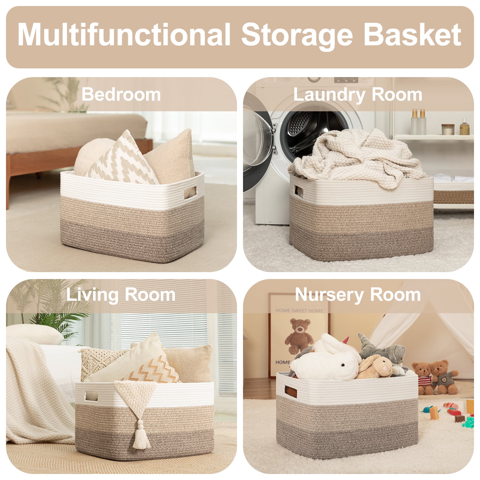 CHERISHGARD 110L Large Rectangle Storage Basket，Woven Basket For Laundry, Nursery, Bedroom，25.2"L x 17.32"W x 15.75"H
