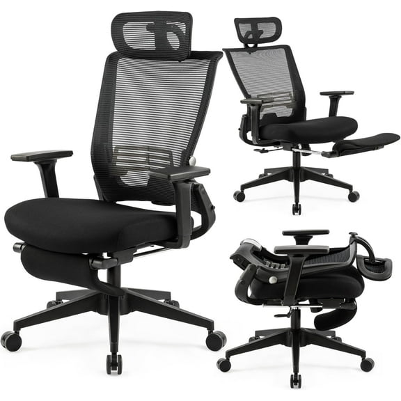 Foldable Office Chair with Foot Rest, Ergonomic Office Chair with Adjustable Lumbar Support, Headrest, Armrest, Home Office Desk Chairs for Space Saving, Work from Home, Black