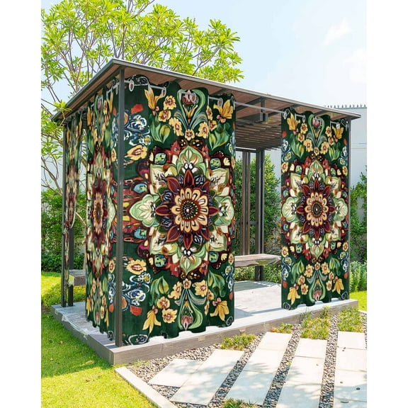 nqOlkjepod Outdoor Curtains for Patio Waterproof, Boho Flower Outdoor Privacy Panels Grommet, Bohemian Gorgeous Patterns Ethnic Bohemian Blackout Outside Curtains for Porch/Cabana 54"x95", 1 Panel