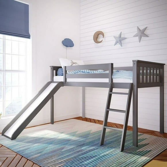 Max & Lily Twin Loft Bed with Slide, Solid Wood Loft Beds with Ladder for Kids, Grey