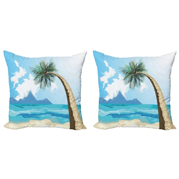 Tropical Throw Pillow Cushion Cover Pack of 2, Palm Tree on the Beach Against Mountains Wavy Sea Ocean Blue Holiday Landscape, Zippered Double-Side Digital Print, 4 Sizes, Multicolor, by Ambesonne