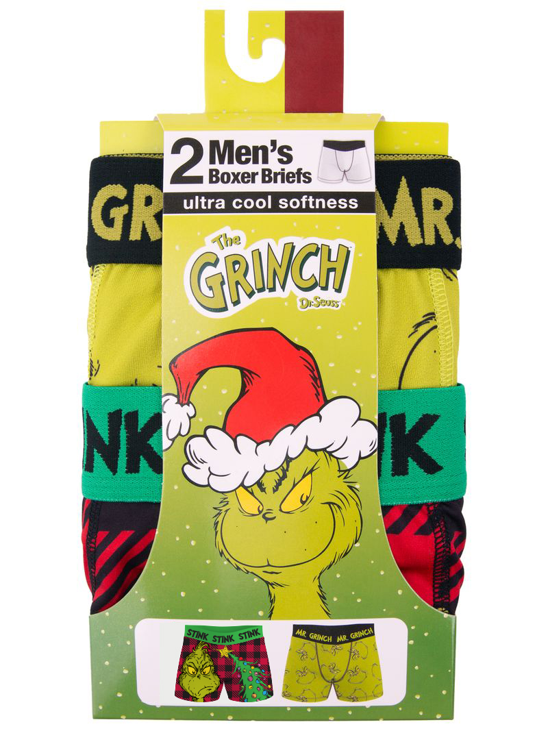 Dr Suess Grinch Plaid Men's Athletic Boxer Brief, 2-Pack, Sizes S-XL