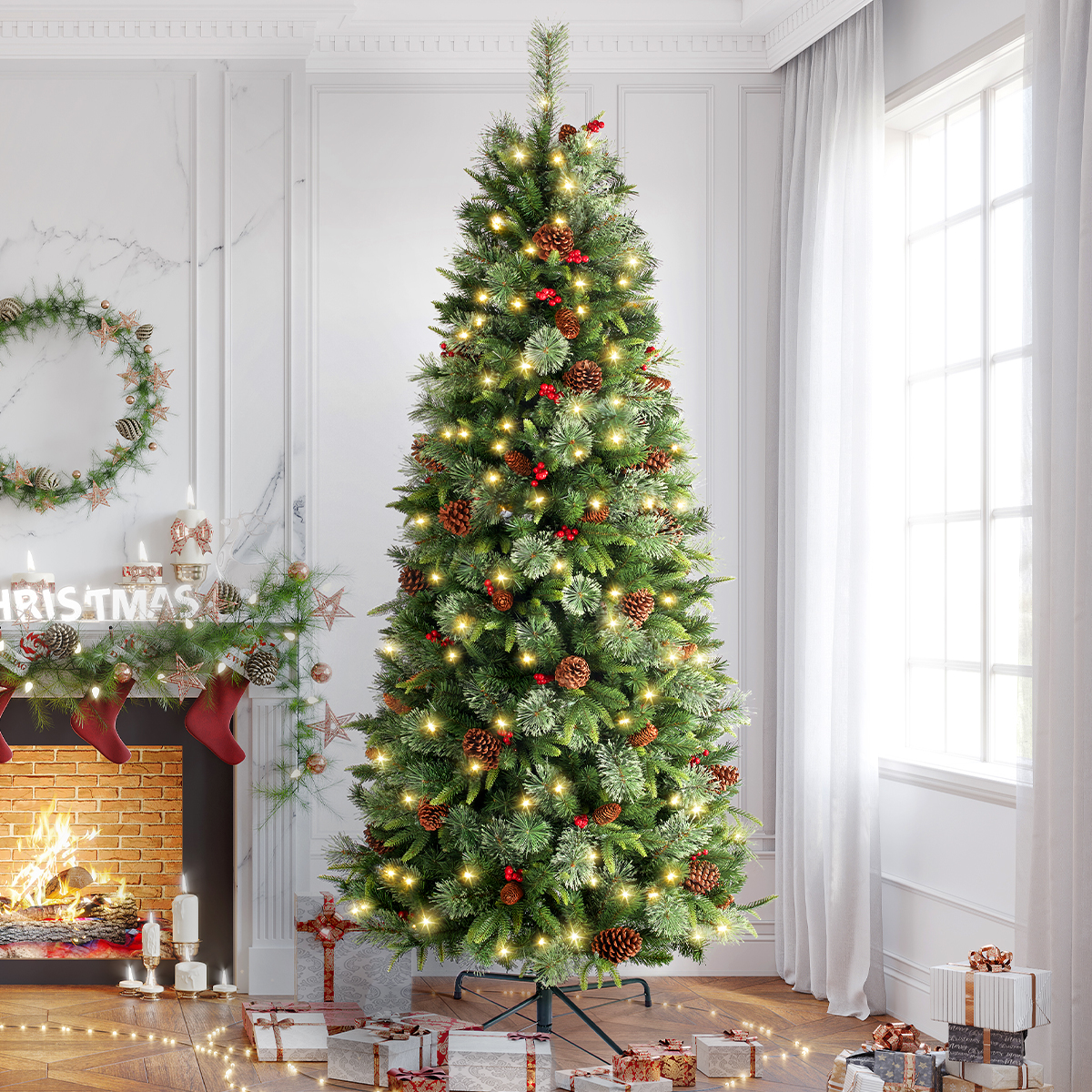 Prelit Artificial Christmas Tree, 9 ft Xmas Tree, 550 Clear Lights