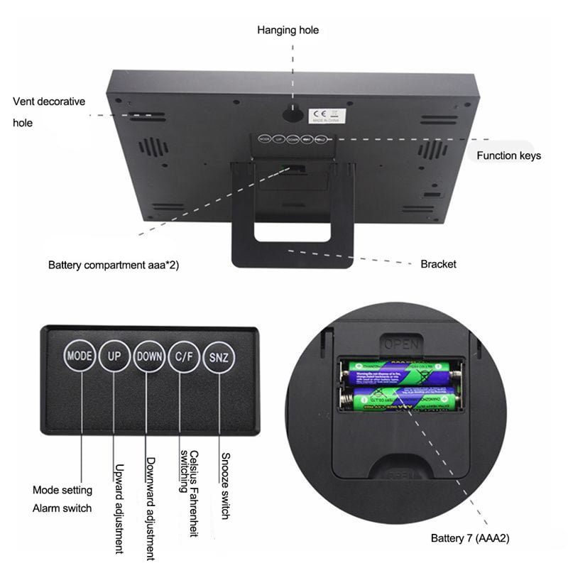 Digital Wall Clock LCD Large Number Time Temperature Calendar Alarm Table Desk Clock Modern Design Office Home Silver