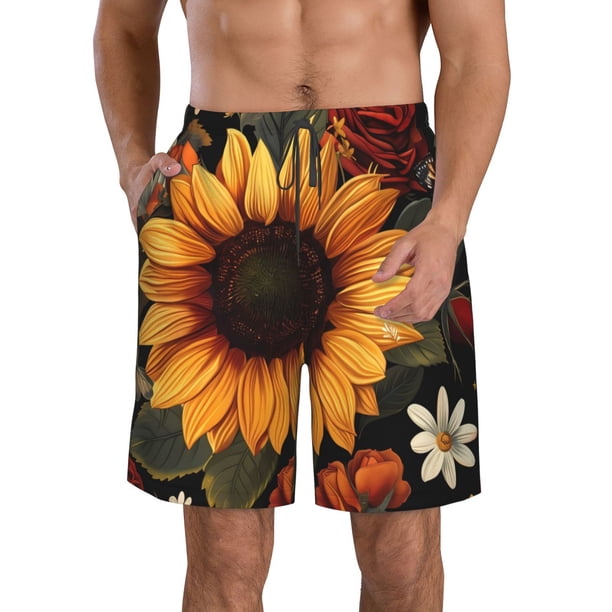 Balery Sunflower Floral Butterfly Traje de Baño Estilo Hawaiano para Hombre, Shorts de Secado Rápido con Bolsillos-Medium