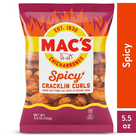 Mac's Spicy Crispy Fried Pork Cracklin Curls, Party Size, 5.5 oz Bag