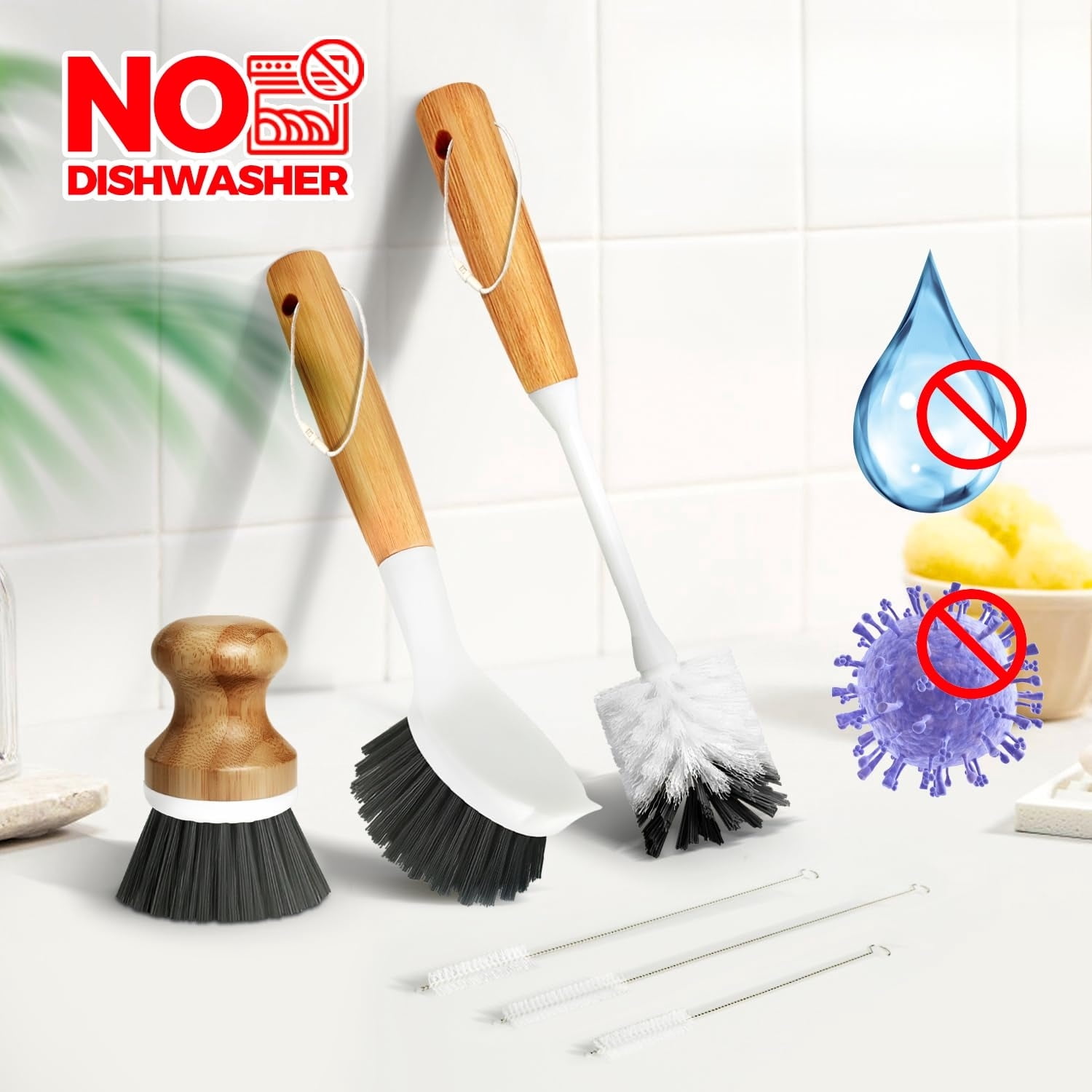 6 Pack Dish Brush Scouring Pad Set with Bottle Brush, Dish Brush, Palm Scrub Brush and Straw Brush, Dish Scrubber Long Handle for Dish Bottle Cup Skillet Wok Pot Pan Cast Iron, Yellow