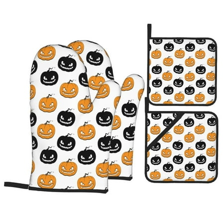

Oven Mitts and Pot Holders Sets 4 pcs - pumpkins halloween elements Heat Resistant Silicone Oven Gloves with Non-Slip Silicone Surface and hot pads for kitchen Baking Cooking BBQ