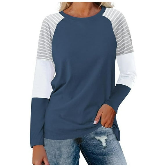 Toimothcn T-Shirts For Women Long Sleeve Fashion Patchwork Color Striped Crewneck Shirt Tops Warm Loose Fit Comfortable T-Shirts Leisure Women'S Clothes