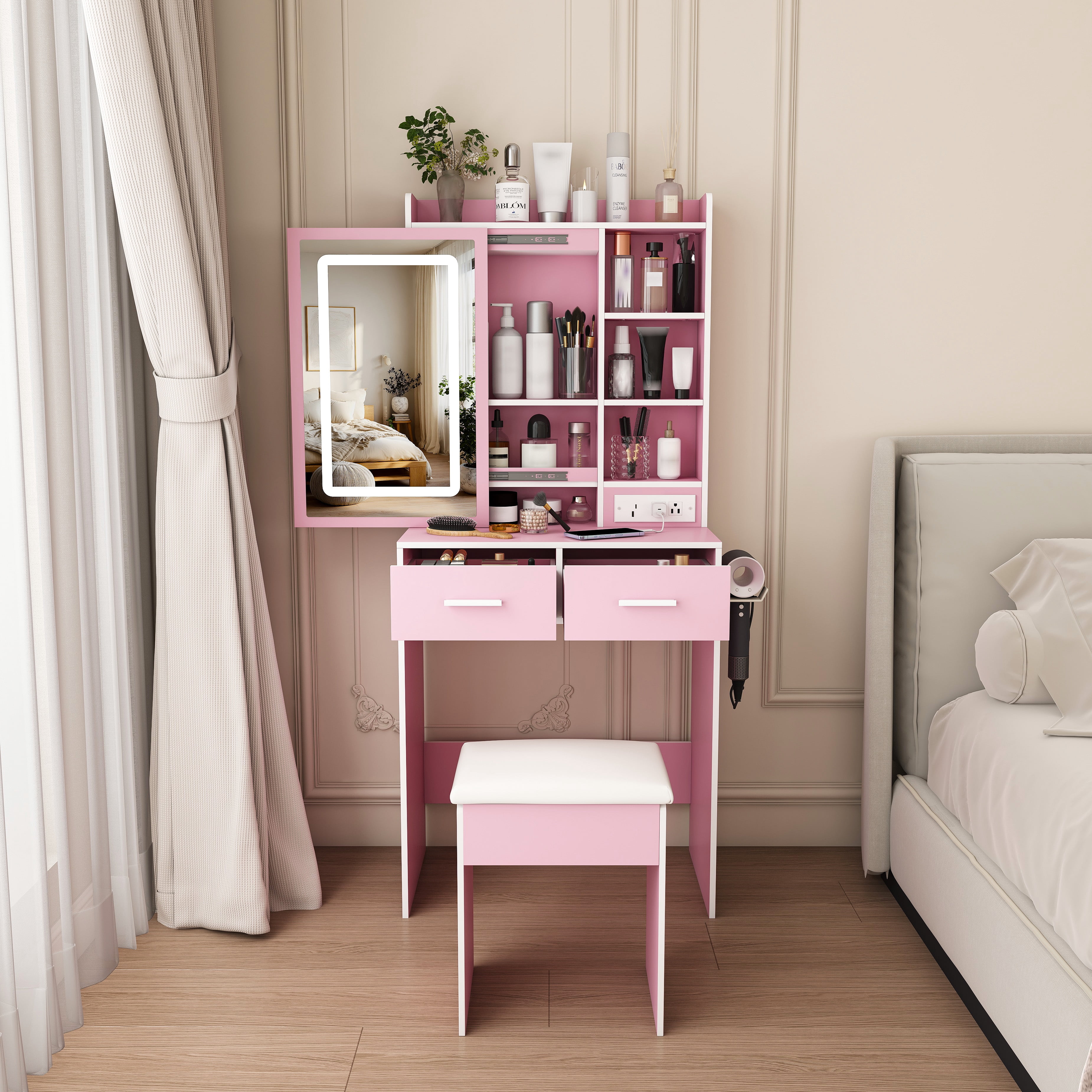 Mintazer Vanity Desk with LED Lighted Mirror, Power Outlets & Cushioned Stool, Makeup Vanity Table with Drawers & Storage Shelves for Girls Bedroom, Pink