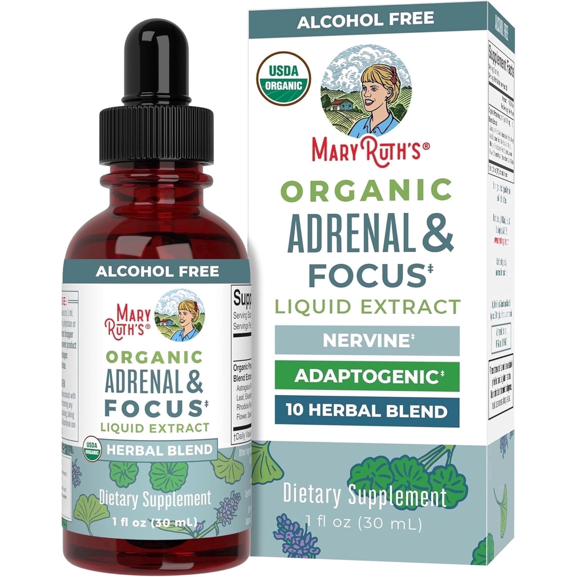 MaryRuth's Adrenal & Focus Liquid Drops Herbal Supplement, Eleuthero and Ginkgo Leaf, USDA Organic, Vegan, Gluten-Free, Dairy-Free, Unisex, 1 fl oz