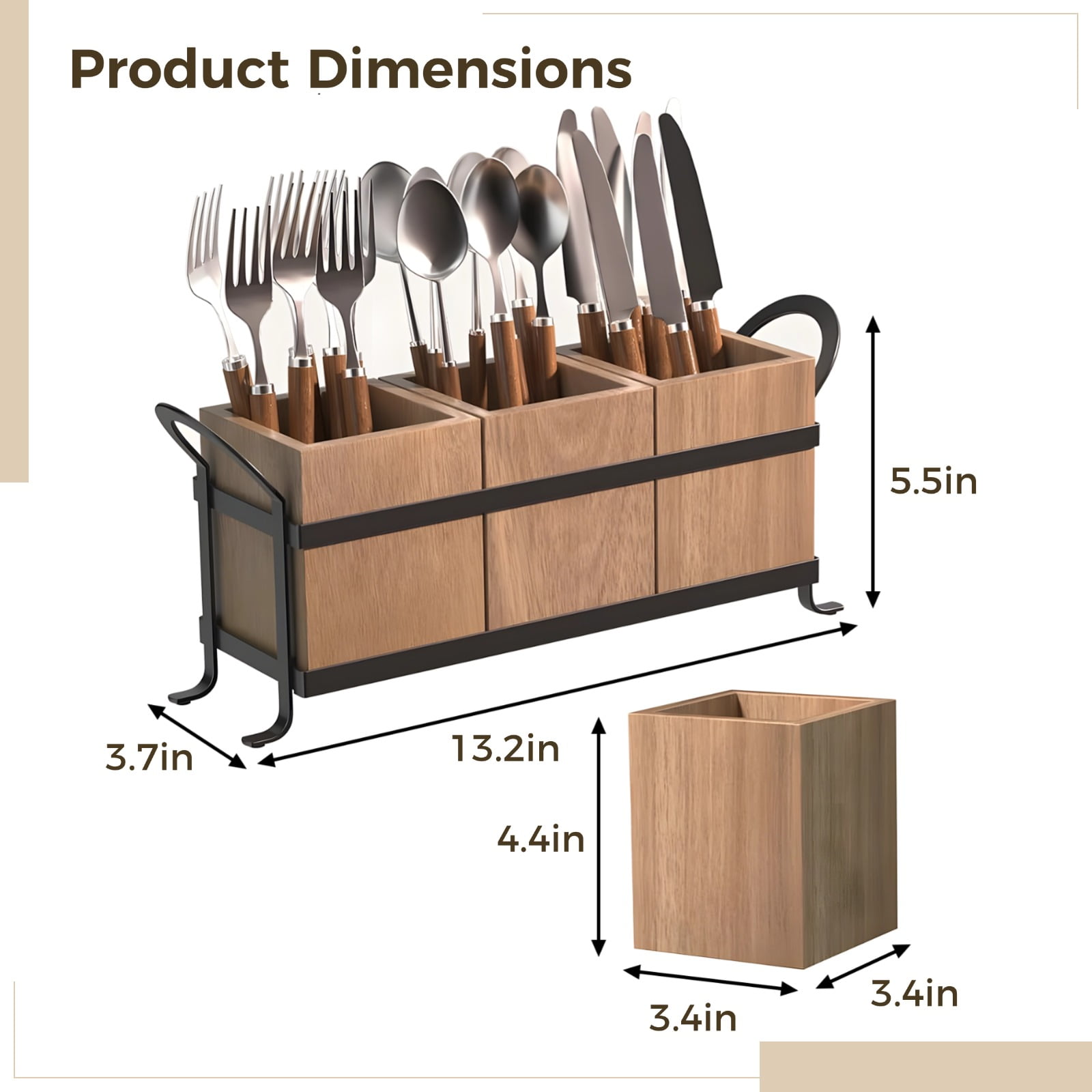 3‑Compartment Wooden Utensil Caddy with Metal Frame – Silverware & Cutlery Holder for Kitchen Countertop, Farmhouse Style, Detachable Box for Easy Cleaning