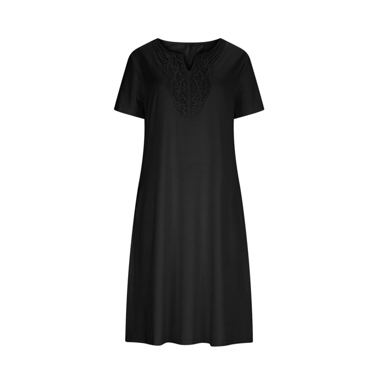 Women's Summer Dresses Solid-Color Short-Sleeve Lace-Panel Knee-Length  Casual Weekend Daily Wear - Walmart.com