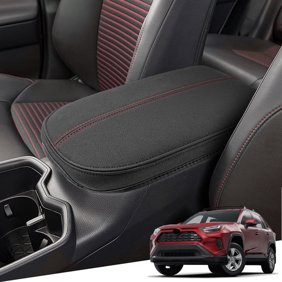 KBH Center Console Armrest Cover for 2019-2025 Toyota RAV4 Accessories, Leather Middle Console Cover Pad Protector for Car Interior, Black-Red Stitches
