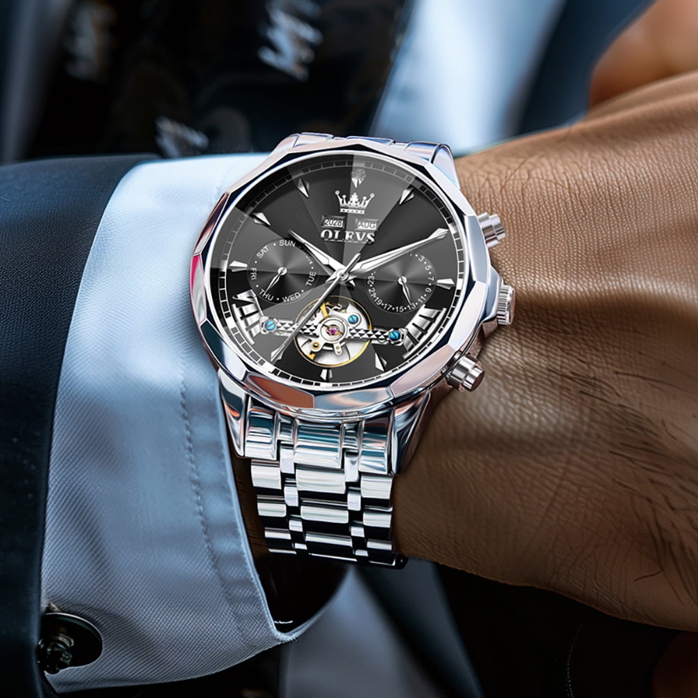 OLEVS Automatic Watches for Men Luxury Dress Waterproof Self Winding Mechanical Chronograph Diamond Stainless Steel Luminous Date Skeleton Tourbillon Mens Watches Gift Reloj Para Hombre Black Dial