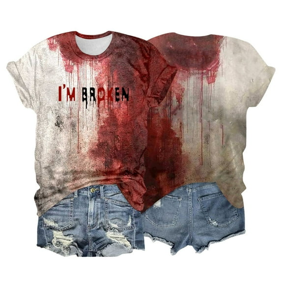 FAOWME Womens Halloween T Shirt Letter Printed Short Sleeve Round Neck Comfortable Breathable Top Tee For Casual Daily Wear,Brick Red,L