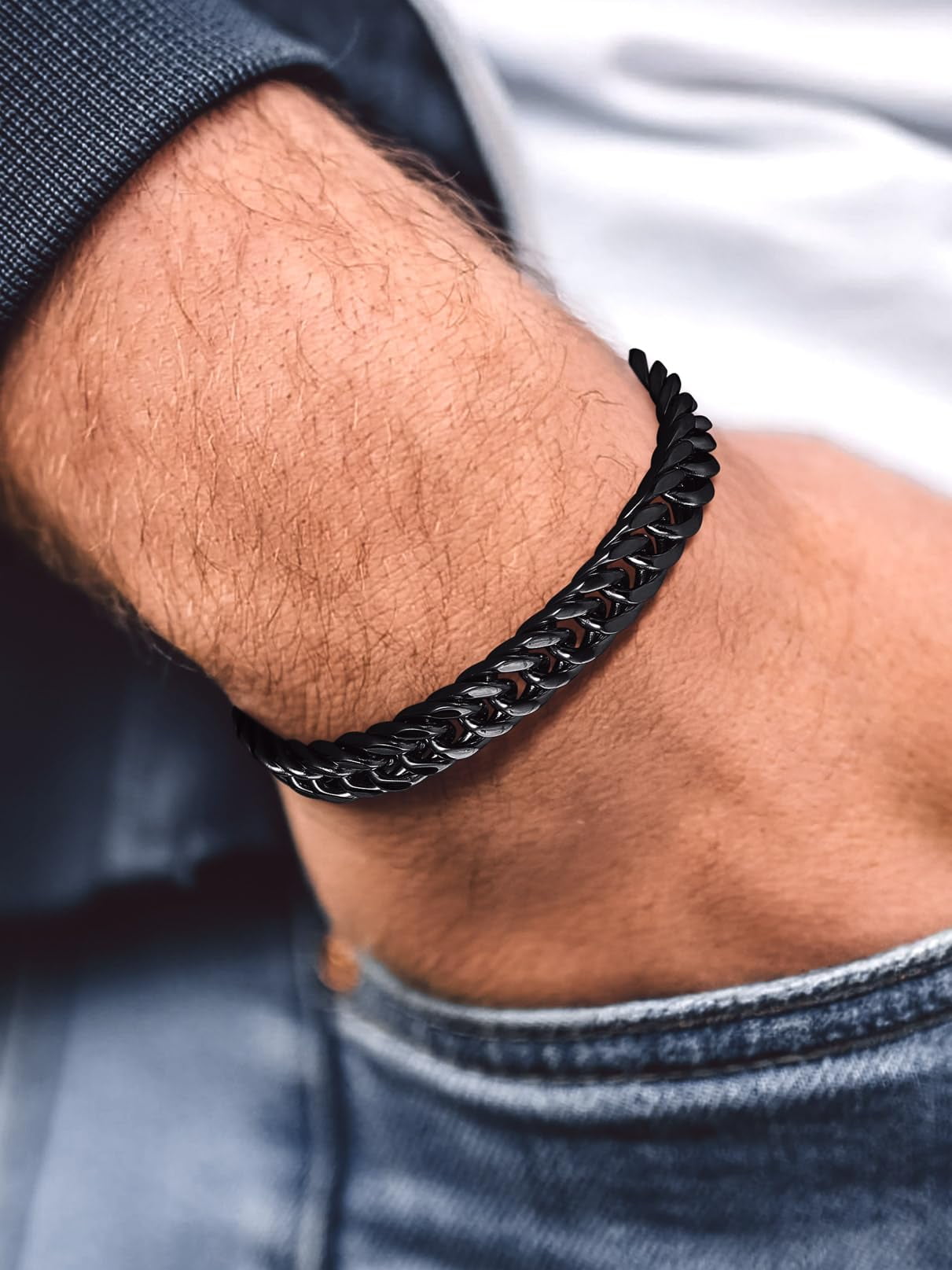 Bandmax 8MM Men's Black Cuban Chain Bracelets Stainless Steel Miami Curb Link Hand Chain Wristlet Birthday Valentines Father Day Gift for Dad Son Husband Grandpa