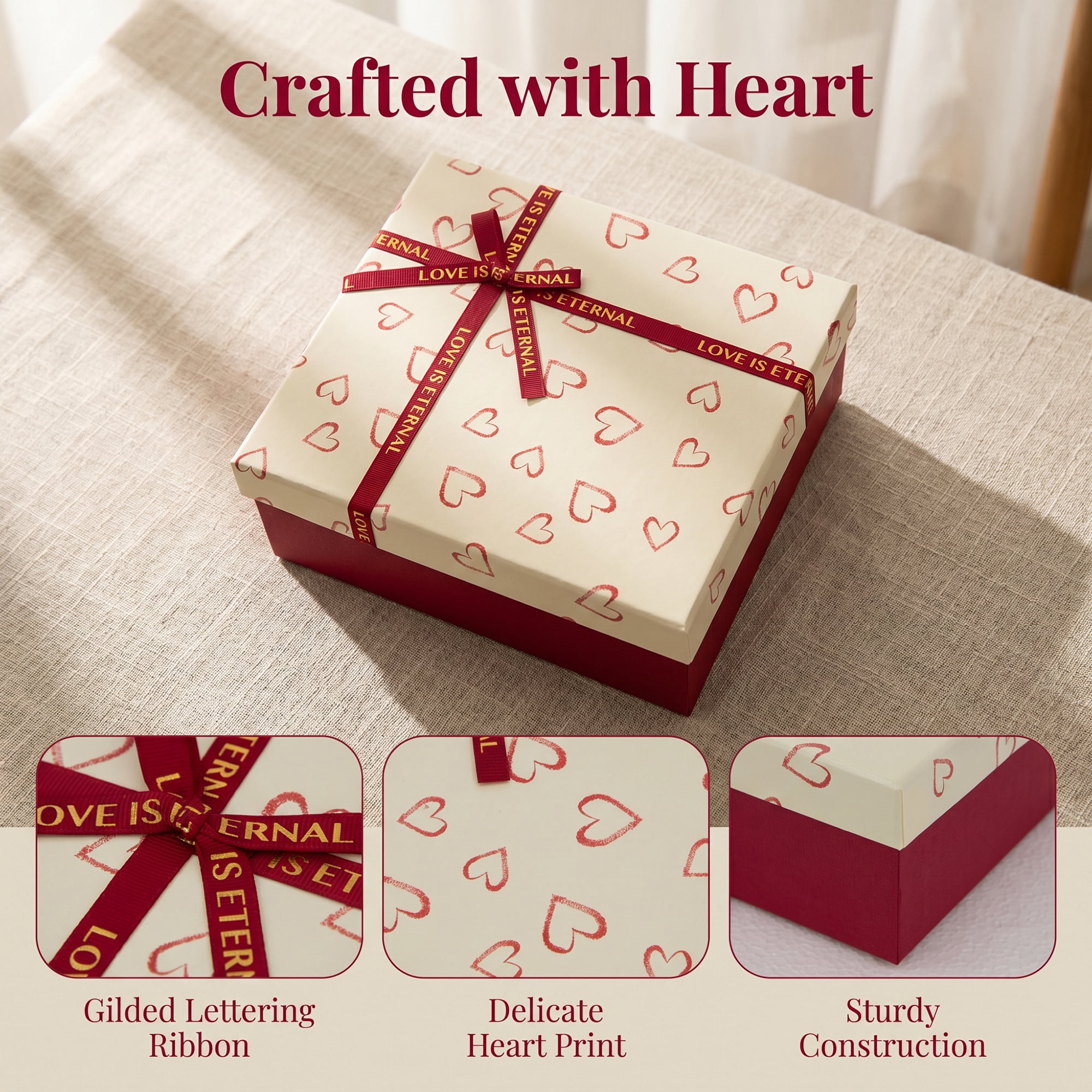 Unique Bargains Elegant Rigid Gift Box with Printed Ribbon Red 7.9" x 7.1" x 3.1"