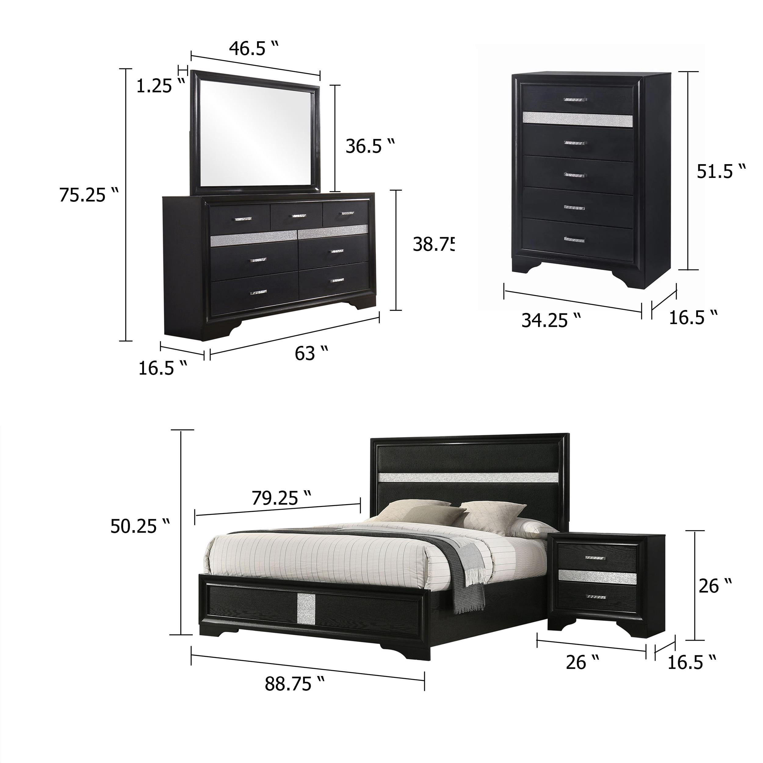 Vino Black 5pc California King Bed Set with Dressers-Glitter Accent
