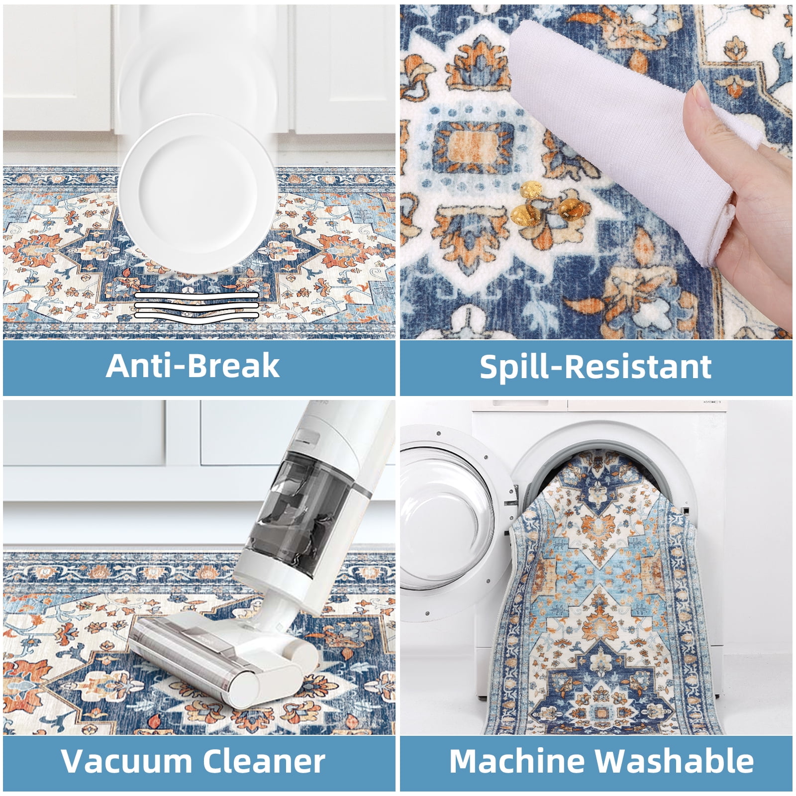 Findosom 2pcs Kitchen Rugs, Washable Boho Farmhouse Kitchen Mats for Floor, Non Slip Thick Indoor Kitchen Floor Mat Carpet Runner Rugs for Entryway Hallway Laundry Home Decor 20"x32"+20"x47" Blue