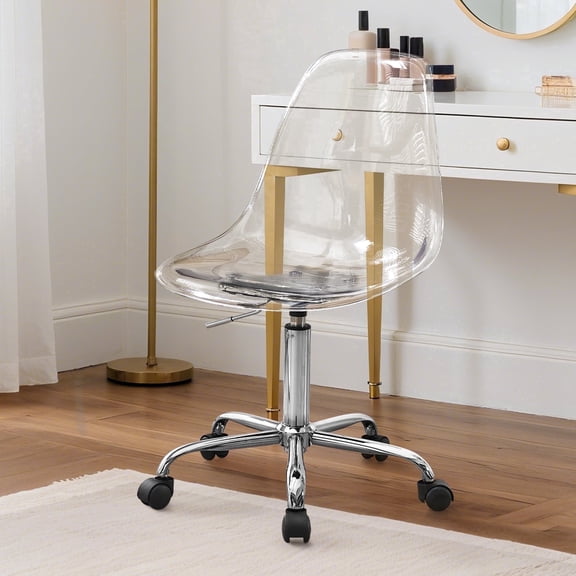 Silver Clear Acrylic Adjustable Swivel Desk Chair, Modern Armless Rolling Vanity Seat with Wheels for Home & Office