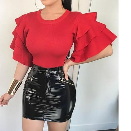 Women´ s Ruffle Flare Short Sleeve Round Neck Slim Fit Solid Shirt Blouse Tops Best (Best Material To Wear For Hot Flashes)