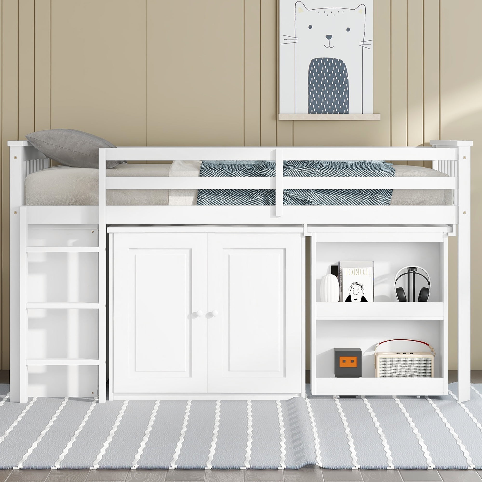Sailvan Twin Loft Bed with Storage Cabinet, Drawer and Shelf Cabinet and Pulling-Out Desk