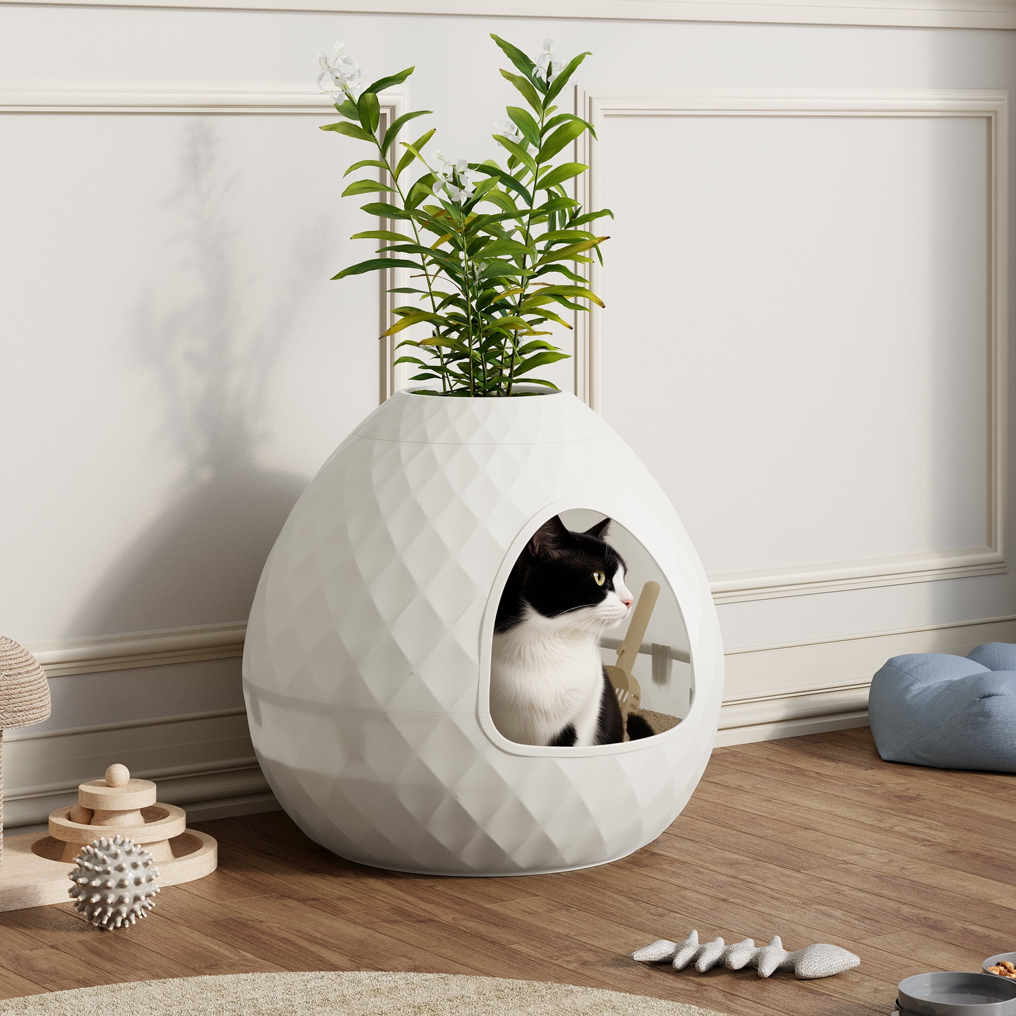 LHBcraft Cat Litter Box Enclosure, Resin Egg-Shaped Hidden Litter Box Furniture with Removable Planter Top, Multi-Functional & Easy to Clean for Living Room Indoor, White