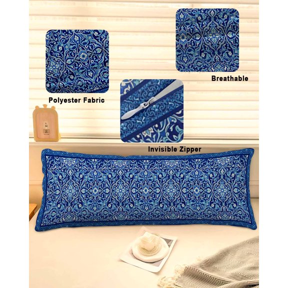 Boho Blue Throw Pillow Covers, Ethnic Western Abstract Tribal Floral Art Soft Breathable Pillow Cases with Invisible Zipper for Sleeping, Long Body Pillowcases for Couch Bed Sofa Chair 20x60 Inches