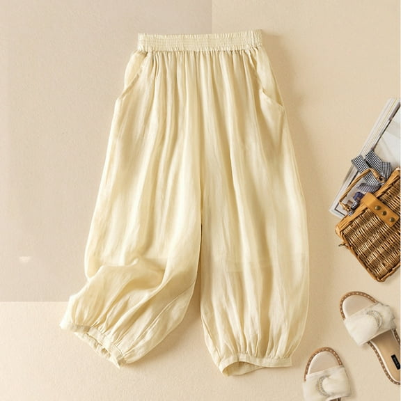 Roncen Women's Solid Culottes - Loose Fit Lounge Pants with Double-Tiered Lantern Legs, Casual Style & Fine Ramie Fabric for Comfortable Wear