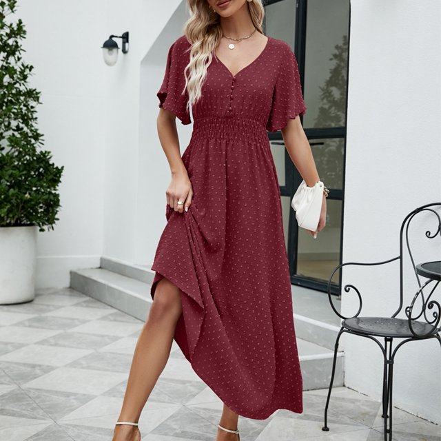 Lenago Robes d'Été Grande Taille pour Femmes Mode Femmes Été Décontracté Col en V Uni Manches Courtes Robe à Boutons Fête Plage Robes en Liquidation